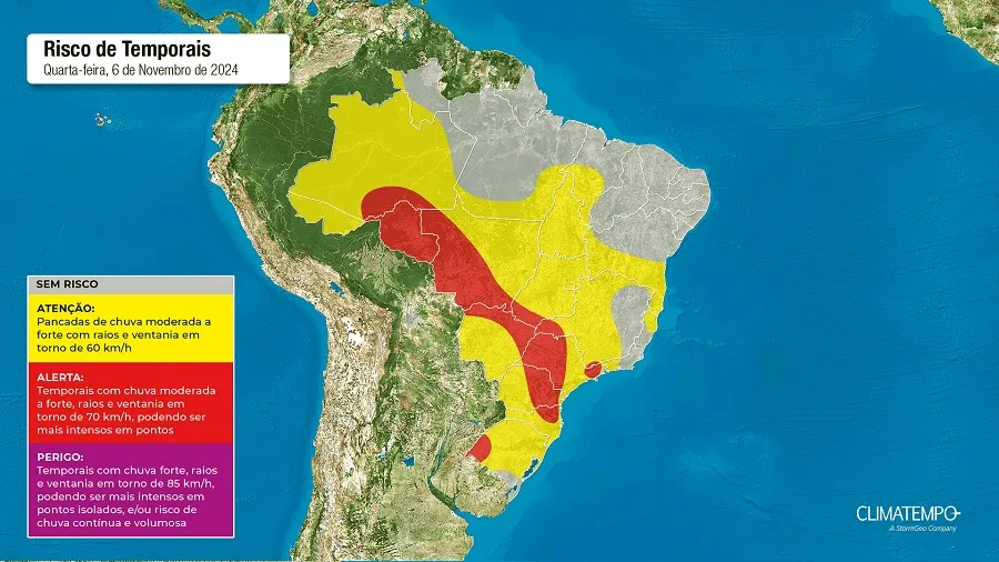 Mapa de alerta de risco para temporais da semana do dia 04/11 